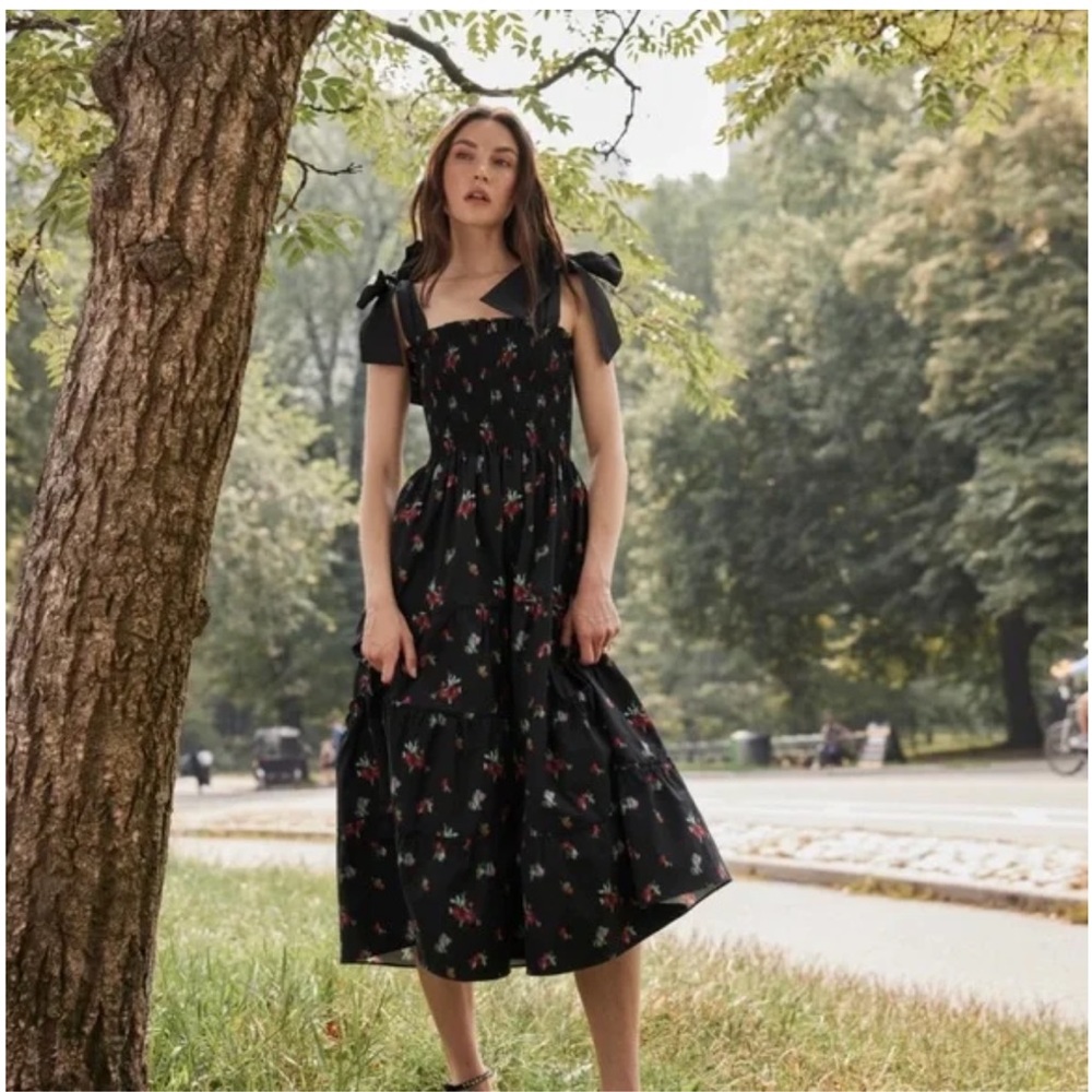 The Ribbon Ellie Nap Dress Black Ikat Floral Taffeta Size S